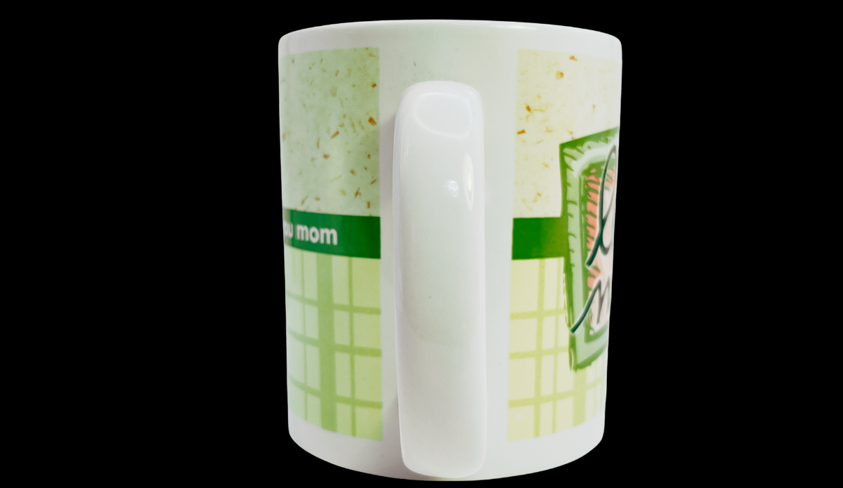 I love you mom mug side handle view showing plaid pattern and green band