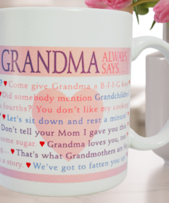 Hallmark Grandma Always Says mug styled in kitchen with flowers and soft lighting