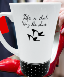 buy the shoes mug lifestyle scene woman purchasing red high heels fashion moment