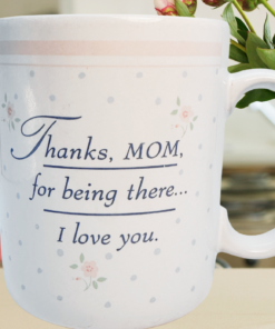 Hallmark Thanks Mom I Love You Mug styled in kitchen with flowers