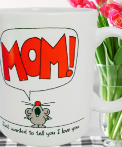 Hallmark Mom I Love You Vintage Mug styled in kitchen with flowers