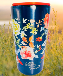 pioneer woman floral tumbler styled with flowers colorful lifestyle scene
