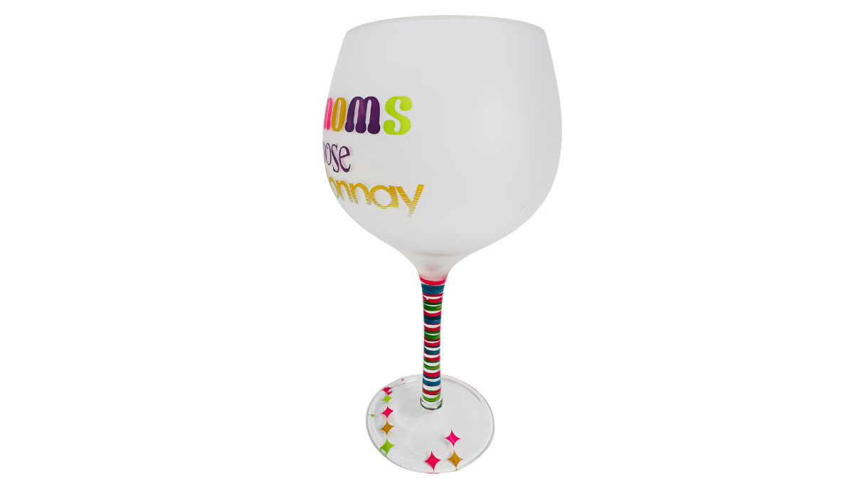 Choosy Moms Choose Chardonnay funny mom wine glass angled side view showing partial lettering and striped stem