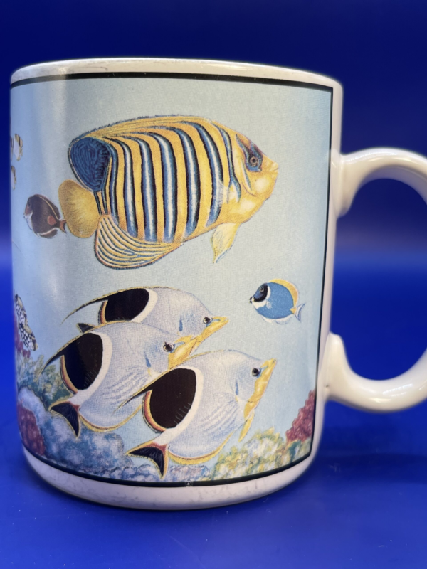This Tropical Fish Mug Coffee Cup with Tropical Fish is the perfect gift mug for Tropical Fish Lovers. This is a beautifully designed Coffee Cup with Tropical Fish.
There are vivid images of different sized Tropical Fish all over this coffee cup mug with Tropical Fish. You’ll love how the handle on this Tropical Fish coffee cup looks is white to match the border and inside.