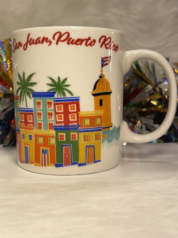  This white ceramic coffee cup has images of the colorful buildings of Old San Juan, palm trees and beautiful turquoise water encompass this festive souvenir coffee cup mug from Puerto Rico.
