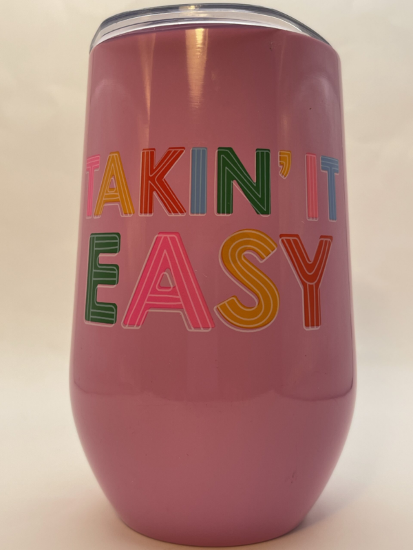 Meet your new favorite way to unwind with the Taking It Easy Wine Tumbler from the  Inspired Mood Collection! It’s the perfect #cupofmood designed to infuse your moments with joy and sparkle.Indeed, this 16-ounce pink stainless steel wine tumbler is designed to help you embrace relaxation with every sip.