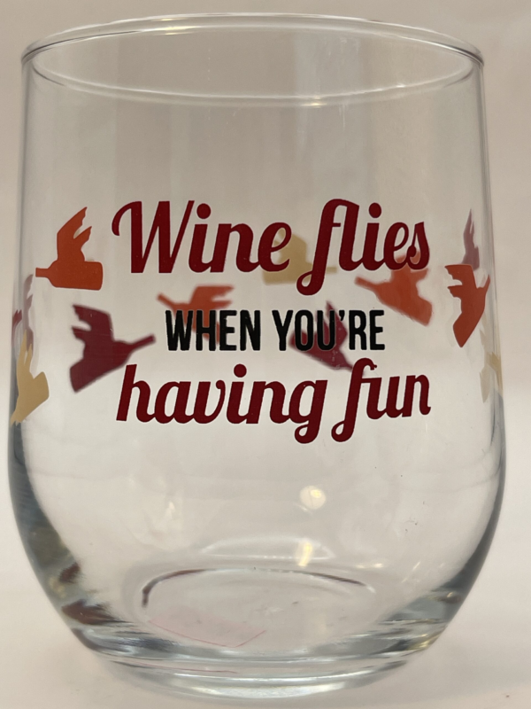 Introducing our Wine Flies Wine Glass.  It’s the perfect #cupofmood  that’s sure to elevate your wine-drinking experience. It’s also a new standout in our Funny Mood Collection and Stemless Wine Glass Collection.Indeed, crafted from clear glass. This 16-ounce stemless wine glass features the delightful phrase “Wine Flies When You’re Having Fun” in bold black and deep red letters.