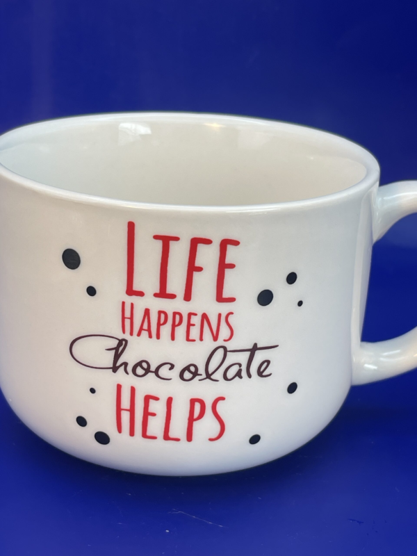 The Life Happens Chocolate Helps Mug is the perfect #cupofmood  to remember when life throws curveballs.
This jumbo 22-ounce white ceramic mug is the ultimate companion. 