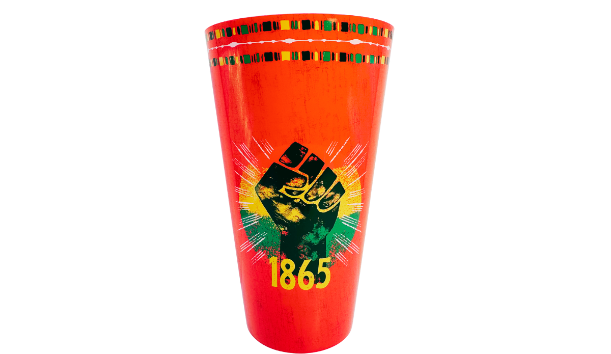1865 Juneteenth Red Acrylic Tumbler with raised fist commemorative artwork