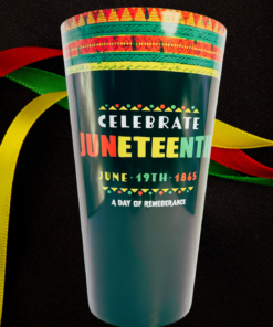 Celebrate Juneteenth black acrylic tumbler displayed with red yellow and green ribbons