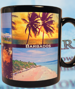 Barbados souvenir coffee mug displayed in front of a map showing Barbados