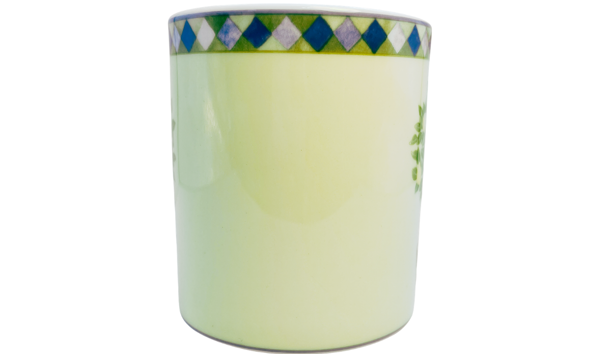 Royal Doulton Carmina Lemon Tree Mug back view featuring cream background and geometric rim border