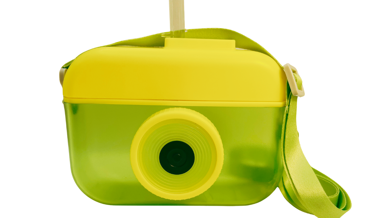 Lime Green Camera Water Bottle With Straw front view showing camera lens design