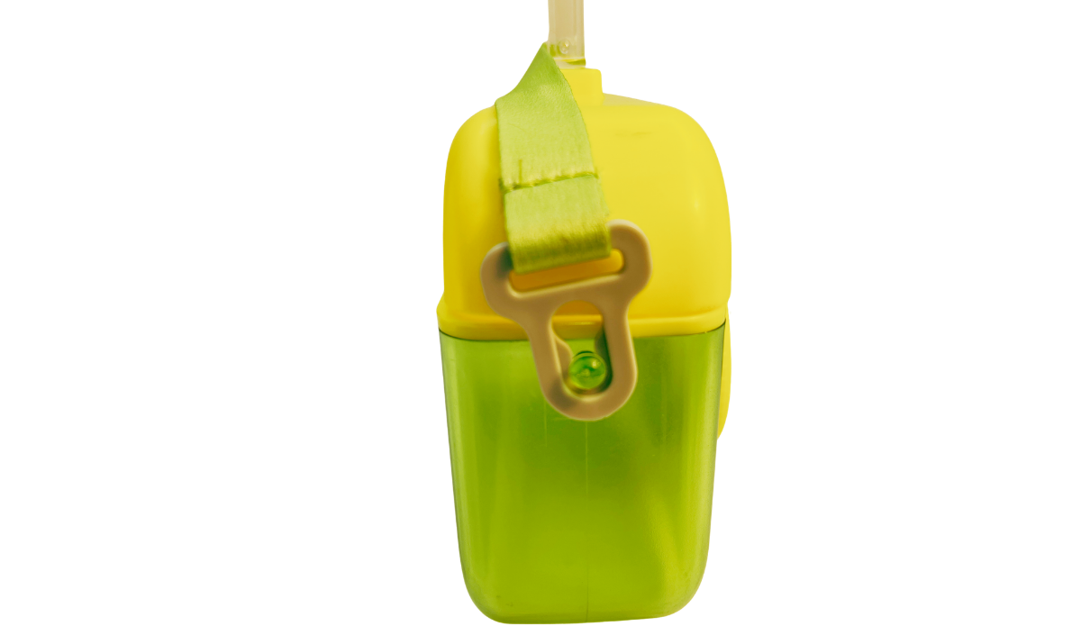 Lime Green Camera Water Bottle With Straw side view showing adjustable shoulder strap