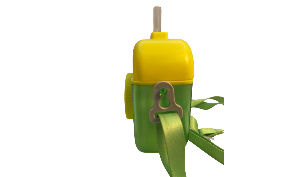 Lime Green Camera Water Bottle With Straw opposite side view with strap hardware