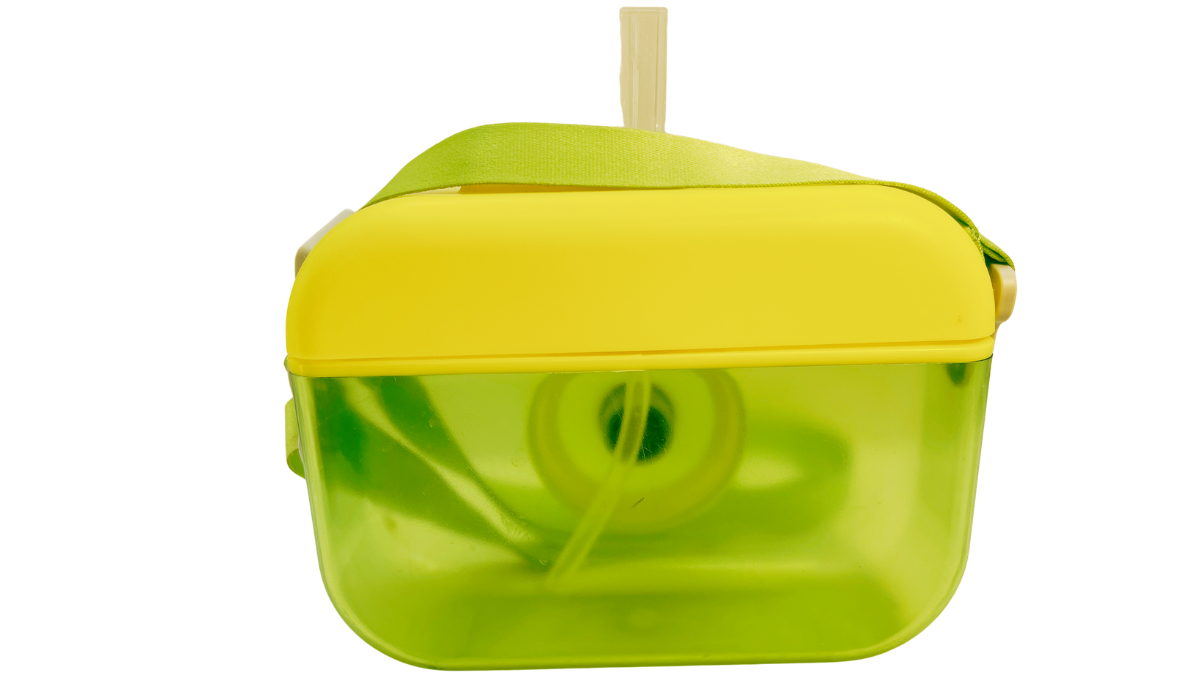 Lime Green Camera Water Bottle With Straw back view showing translucent body