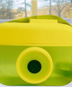Lime Green Camera Water Bottle With Straw top view showing yellow lid and straw opening