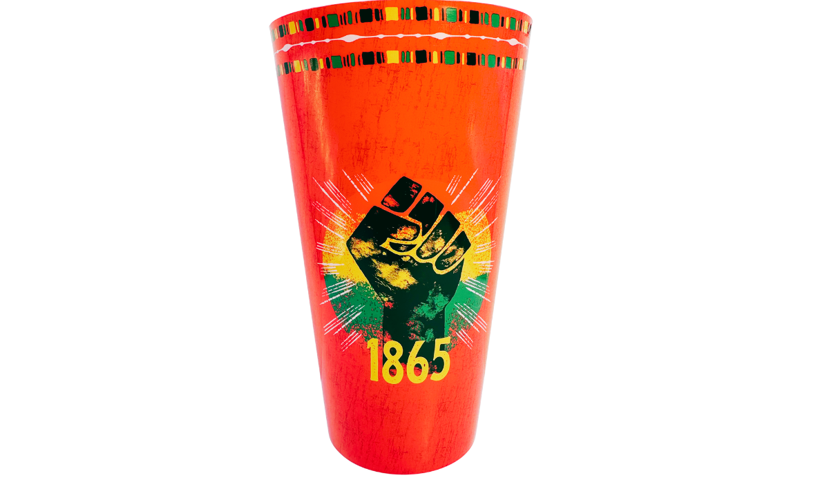 1865 Juneteenth red acrylic tumbler with raised fist commemorative artwork on back
