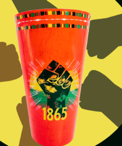 1865 Juneteenth red acrylic tumbler displayed with symbolic circle of fist bumps