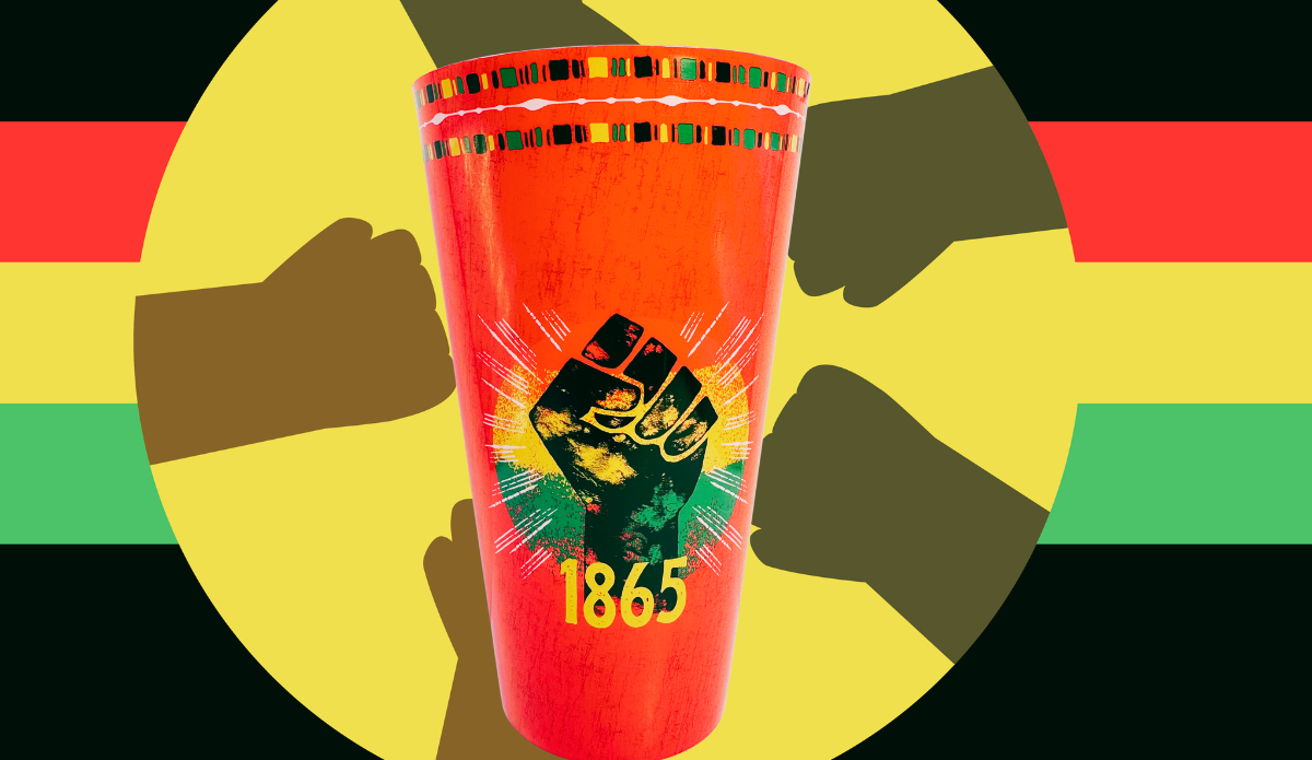 1865 Juneteenth red acrylic tumbler displayed with symbolic circle of fist bumps