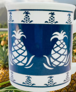 Vintage Curzon Pineapple Pattern Mug displayed in tropical coastal setting