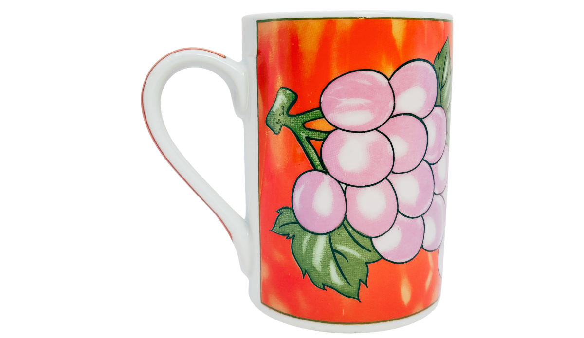 Grape Vineyard Red Coffee Mug with grape cluster artwork and vibrant red orange background front view