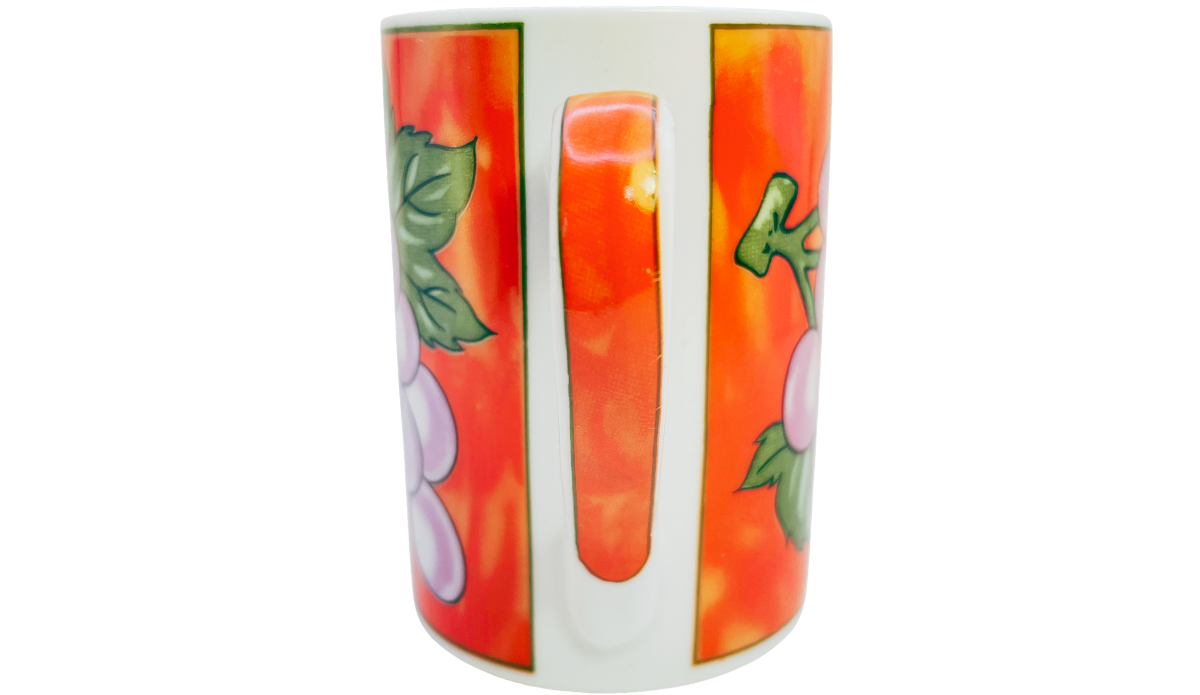 Handle view of Grape Vineyard Red Coffee Mug showing wraparound vineyard artwork