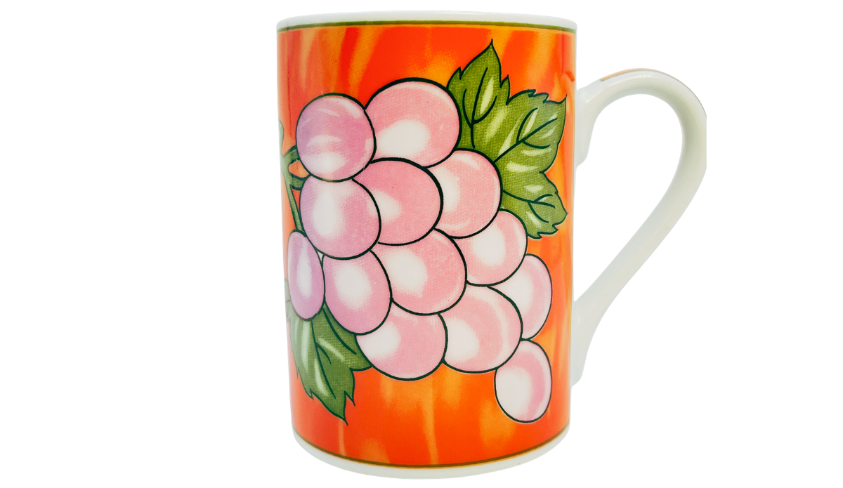 Back view of Grape Vineyard Red Coffee Mug with grape artwork and red orange vineyard background