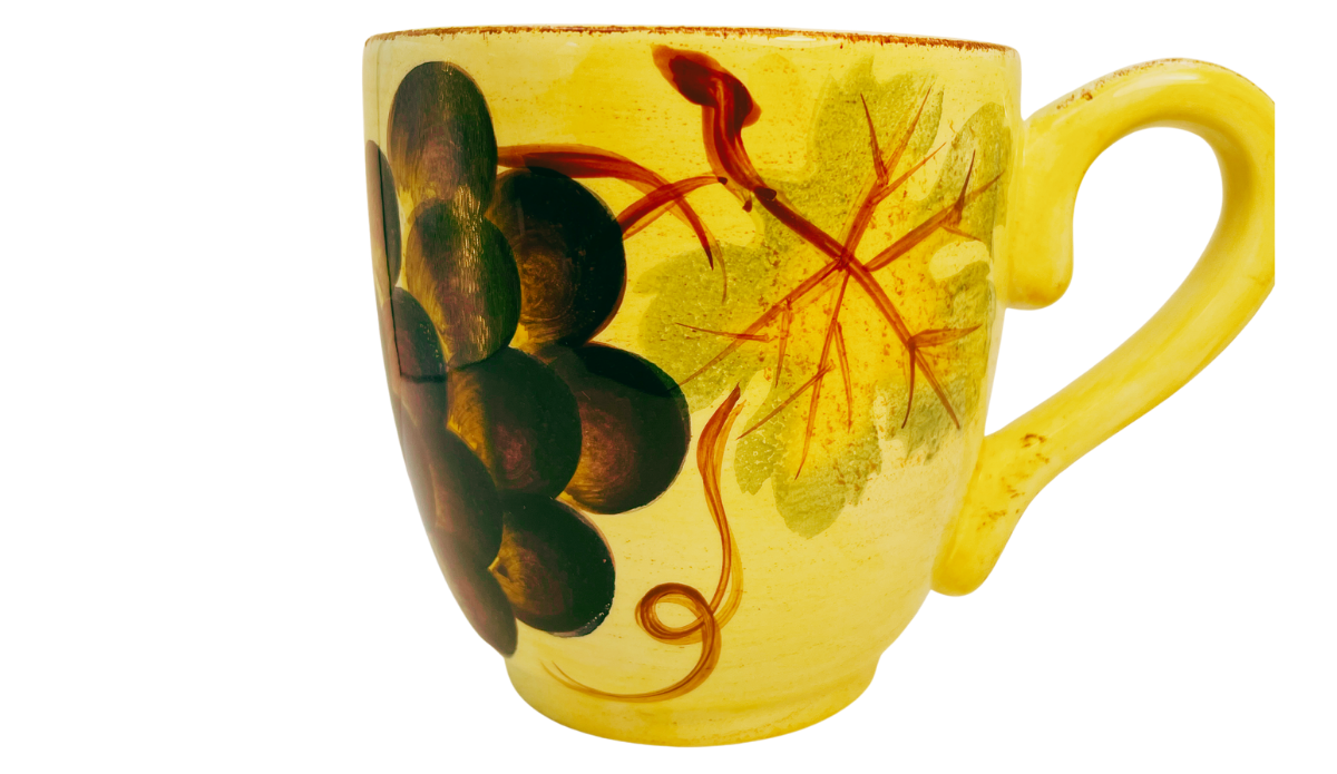 Tabletops Unlimited Vino Hand Painted Grape Mug front view with purple grape cluster and vineyard leaves
