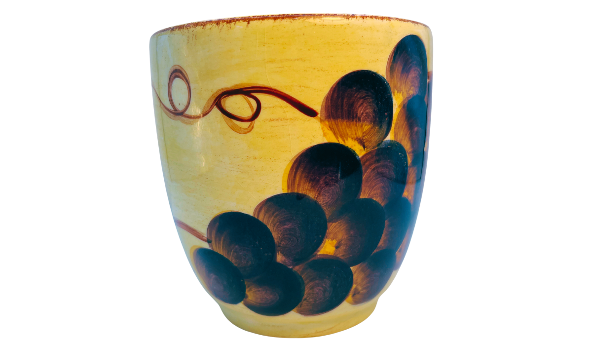 Side view of Tabletops Unlimited Vino Hand Painted Grape Mug with grape cluster artwork