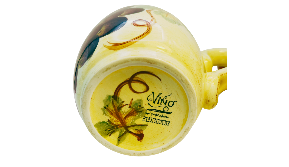 Bottom view of Tabletops Unlimited Vino Hand Painted Grape Mug showing Vino maker mark