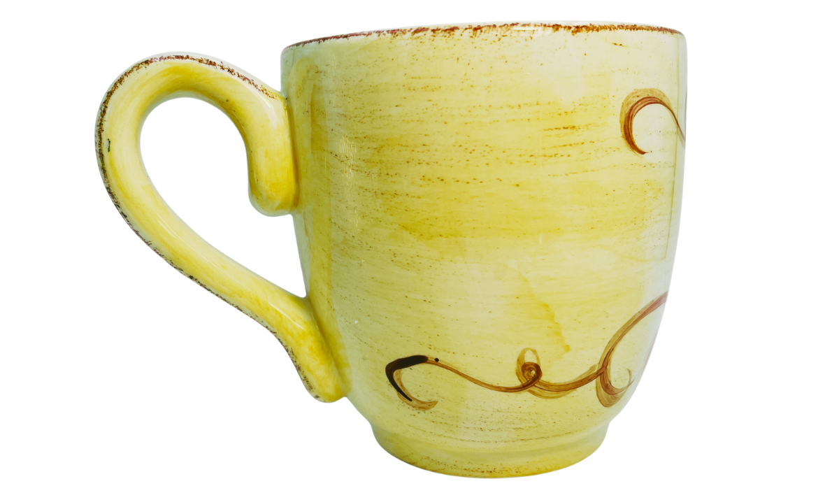 Back view of Tabletops Unlimited Vino Hand Painted Grape Mug with scrolling vine design