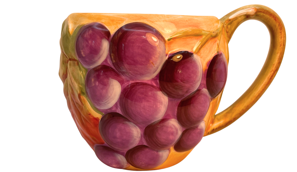 Gibson Hand Painted 3D Purple Grape Mug with raised grape clusters on golden background front view