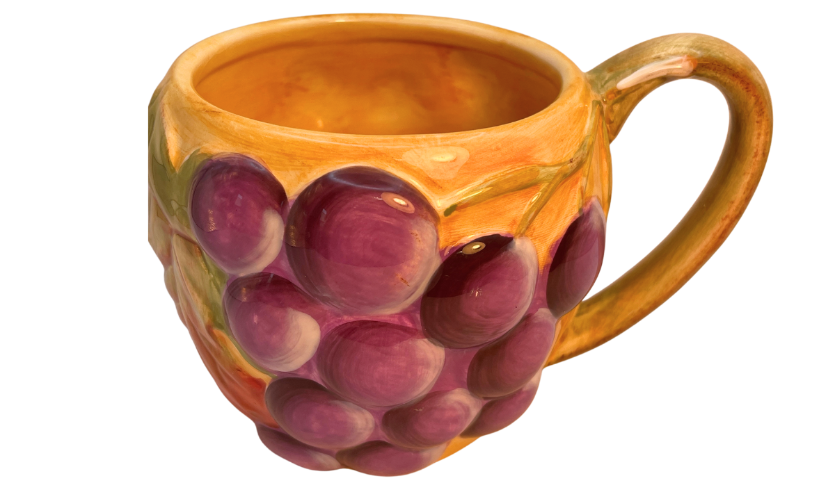 Top view of Gibson Hand Painted 3D Purple Grape Mug showing interior and raised grape design