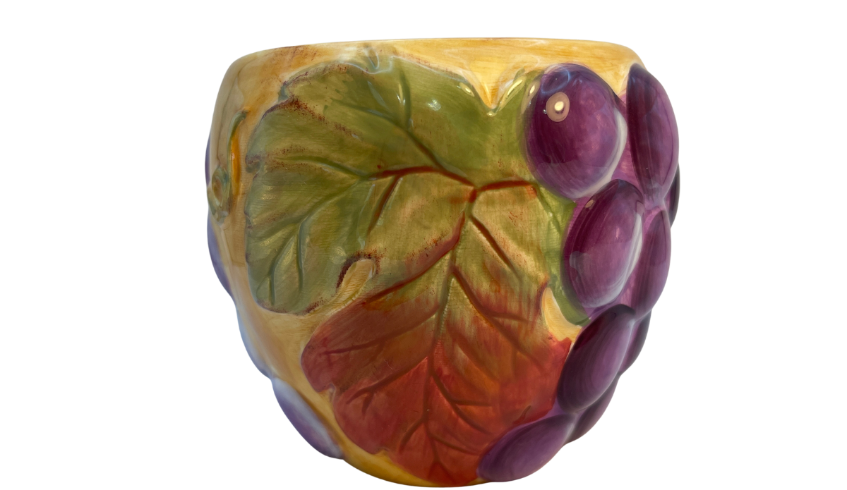 Gibson Hand Painted 3D Purple Grape Mug side view with embossed purple grapes and vineyard detailing