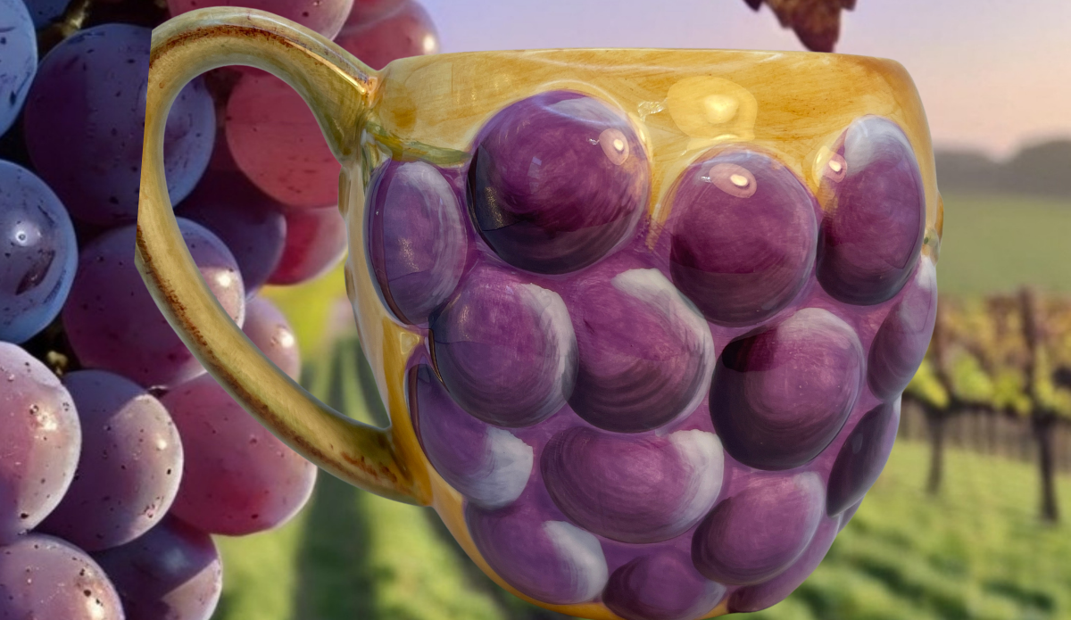 Gibson Hand Painted 3D Purple Grape Mug displayed against a vineyard backdrop with grape clusters