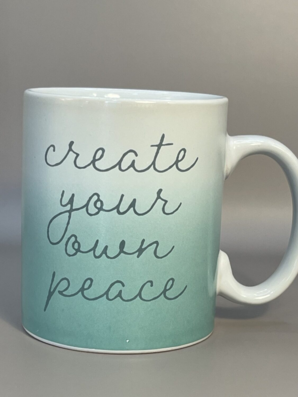 This Create Your Peace Mug is the perfect #cupofmood to inspire your best life ever! You’ll love this blue ombre ceramic mug with peaceful saying.The real secret is what’s written on this unique coffee cup with Peaceful Saying. At least that’s what this Create Your Peace Mug implies. In fact, people inspired to create peace love this blue ombre ceramic coffee cup mug.