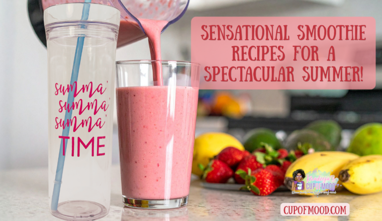 Summer smoothie recipes with Summa Summa Summa Time tumbler beside fresh strawberry smoothie and fruit.