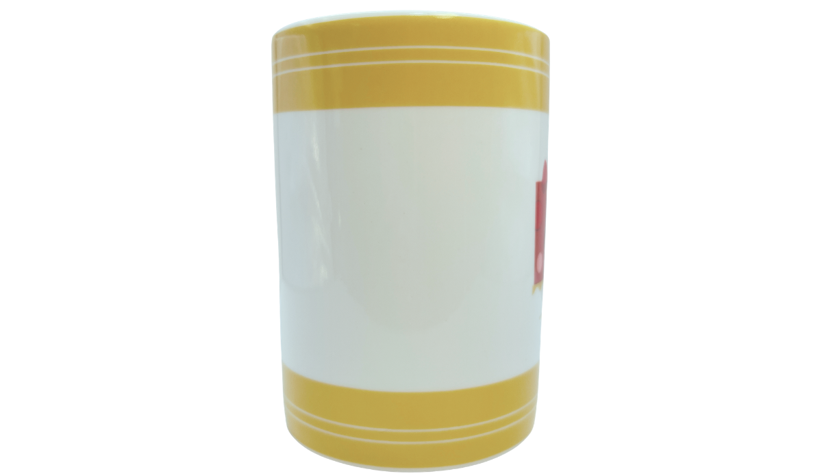 Opposite side of Cake Boss Yellow Mini Cakes Porcelain Mug featuring matching cake artwork