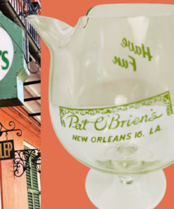 Pat O’Brien’s New Orleans Snifter Glass styled in front of a colorful New Orleans street scene with angled spout visible