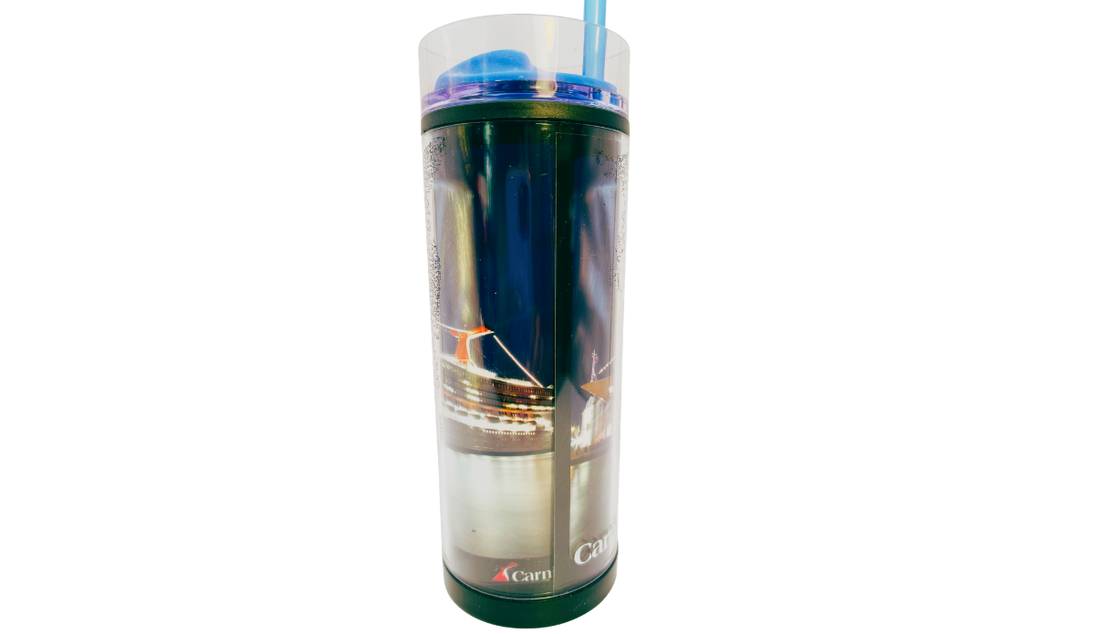 Carnival Conquest travel tumbler showing wraparound panoramic cruise ship artwork