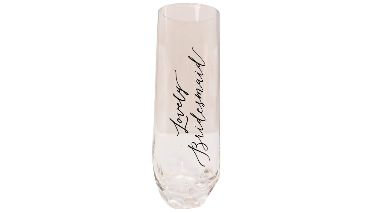 Lovely Bridesmaid Champagne Flute with elegant vertical script lettering on blush tinted glass