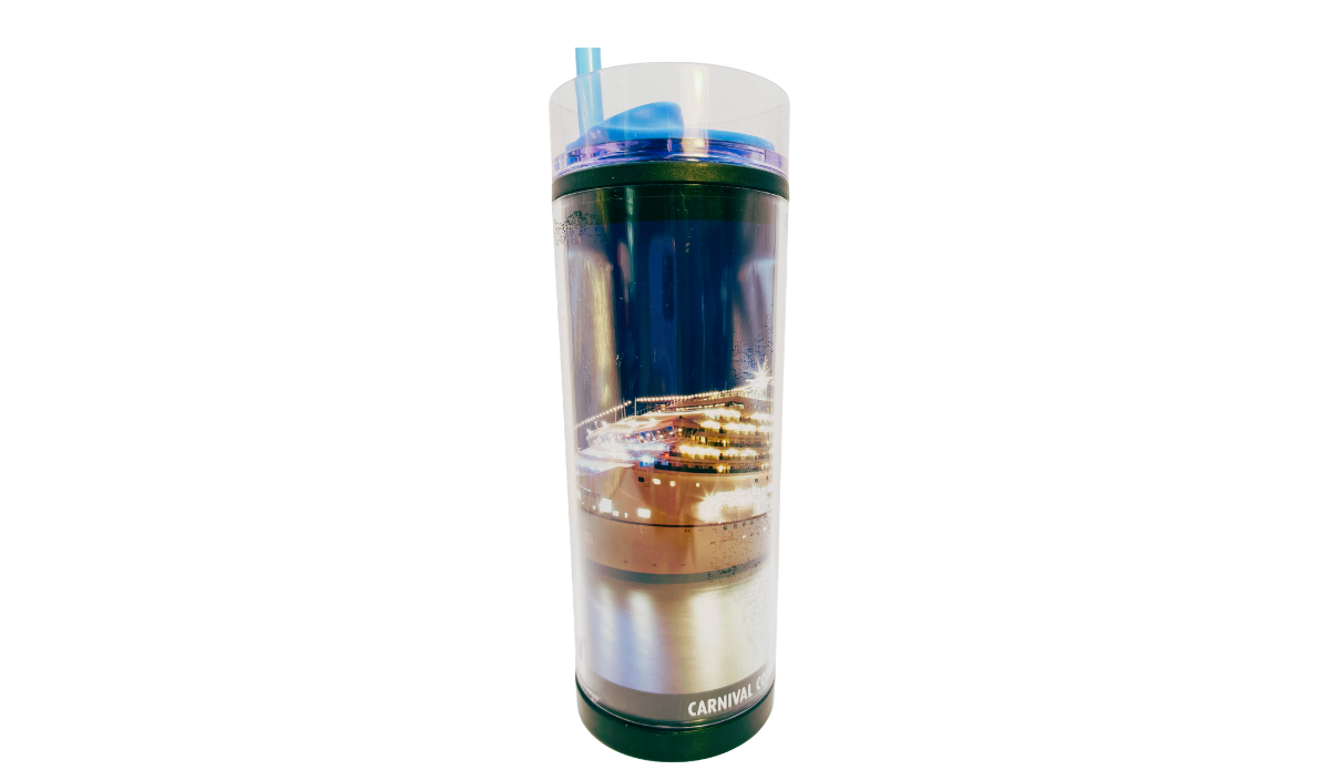 Carnival Conquest travel tumbler side view showing Carnival logo and nighttime cruise ship artwork
