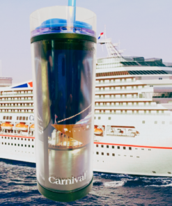 Carnival Conquest travel tumbler displayed in front of a Carnival cruise ship backdrop