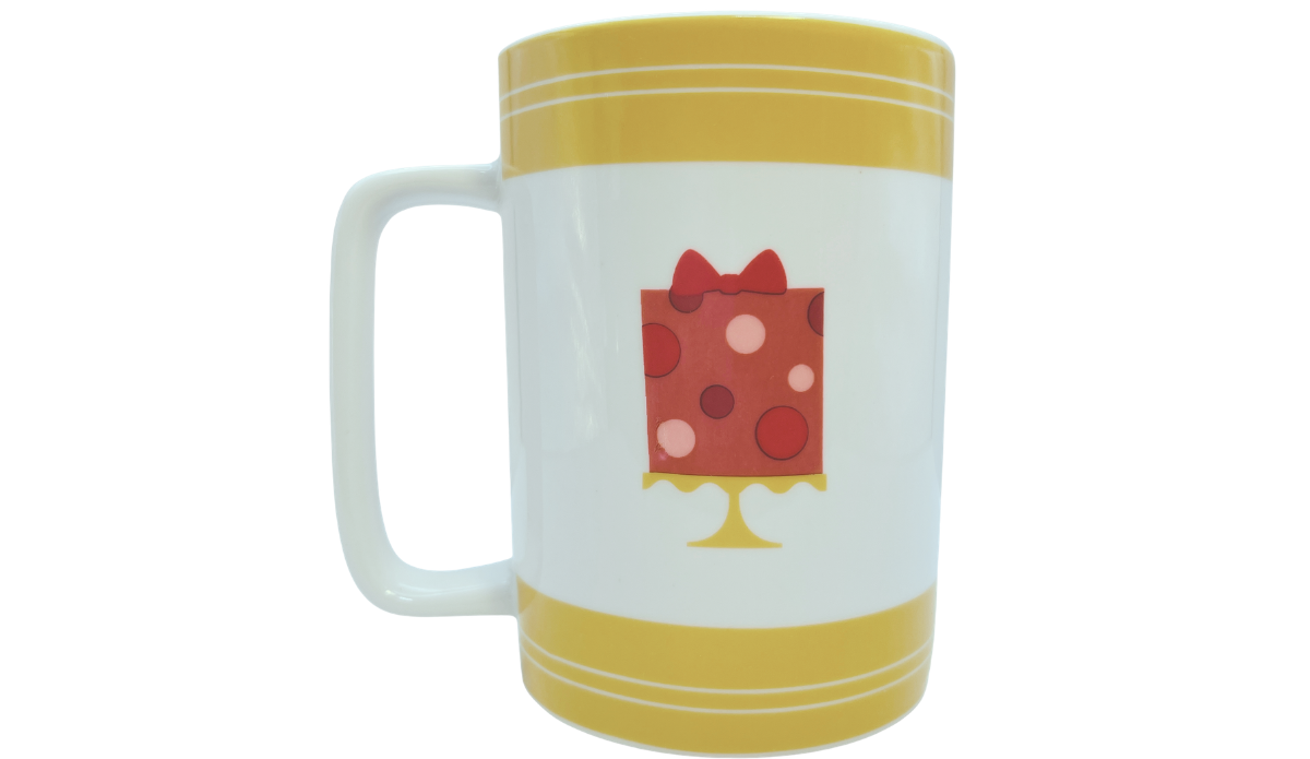 Back view of Cake Boss Yellow Mini Cakes Porcelain Mug with yellow stripe accents