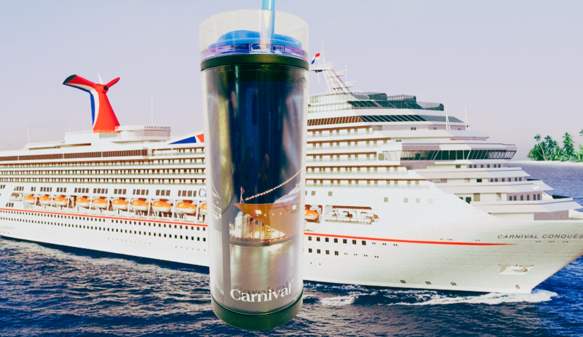 Carnival Conquest travel tumbler displayed in front of a Carnival cruise ship backdrop