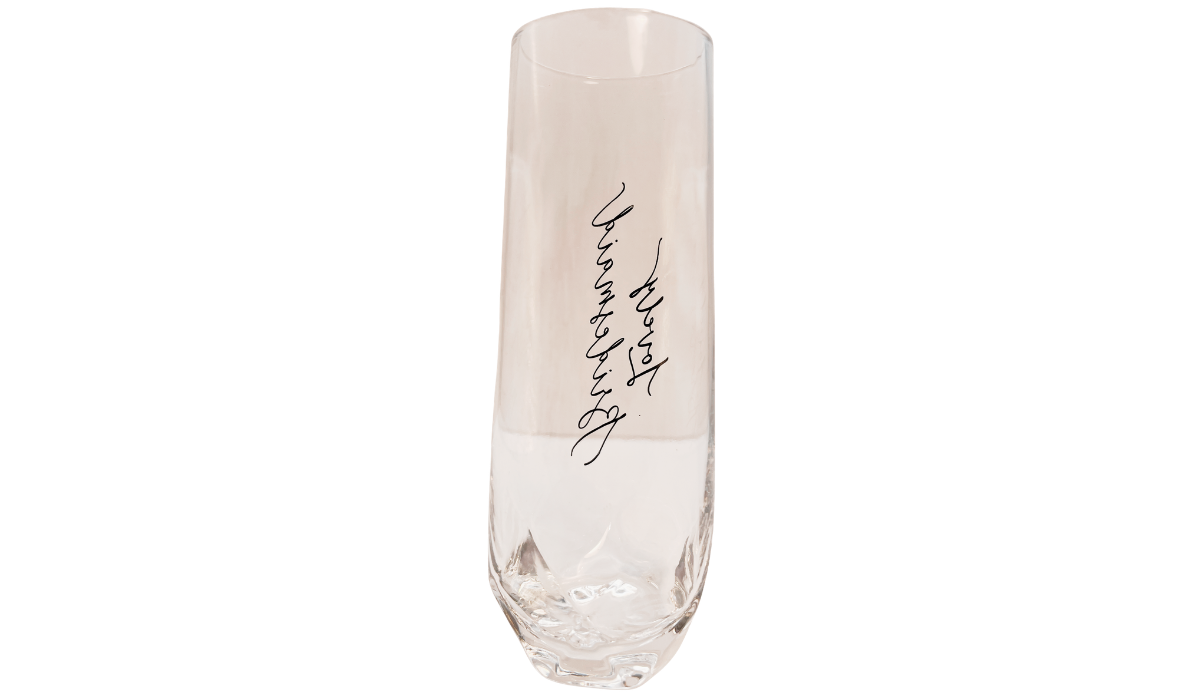 Lovely Bridesmaid Champagne Flute back view with mirrored script visible through glass