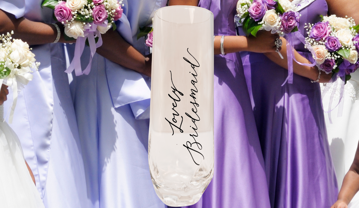 Lovely Bridesmaid Champagne Flute displayed with bridesmaids and wedding bouquets