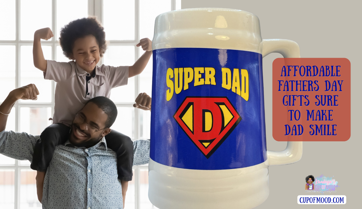 Affordable Fathers Day gifts featuring Super Dad beer stein with father and child.