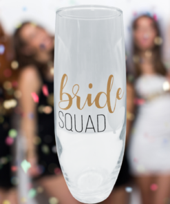 Bride Squad Champagne Flute displayed with bridal party celebration background and confetti